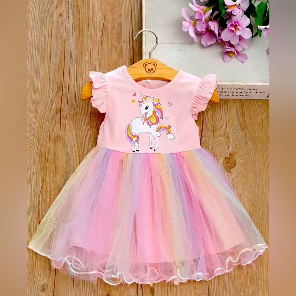 Baby Girls Cute Unicorn Graphic Design Mesh Short Sleeve Dress Clothes